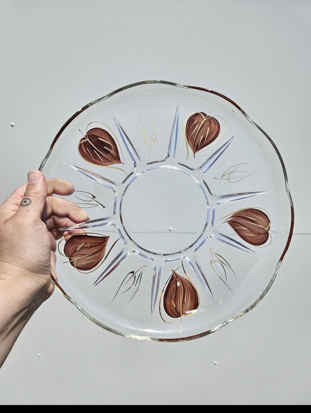 Anchor Hocking Clear Glass Serving Platter W/handpainted Gold Accents